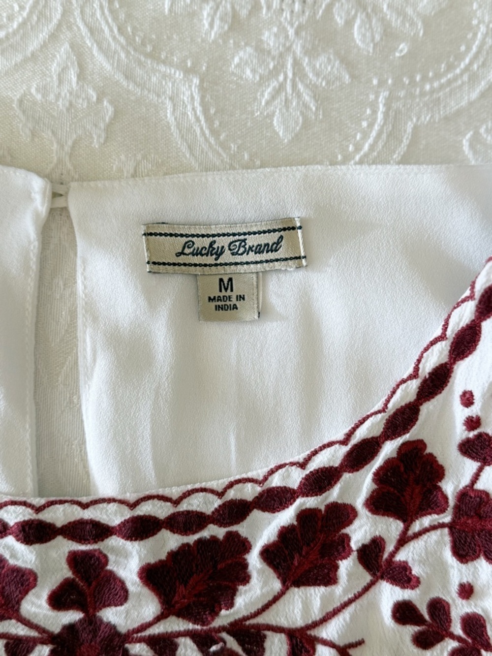 Lucky Brand White Embroidered Dress Boho Tunic Shift maroon embroidered floral - Picture 2 of 16